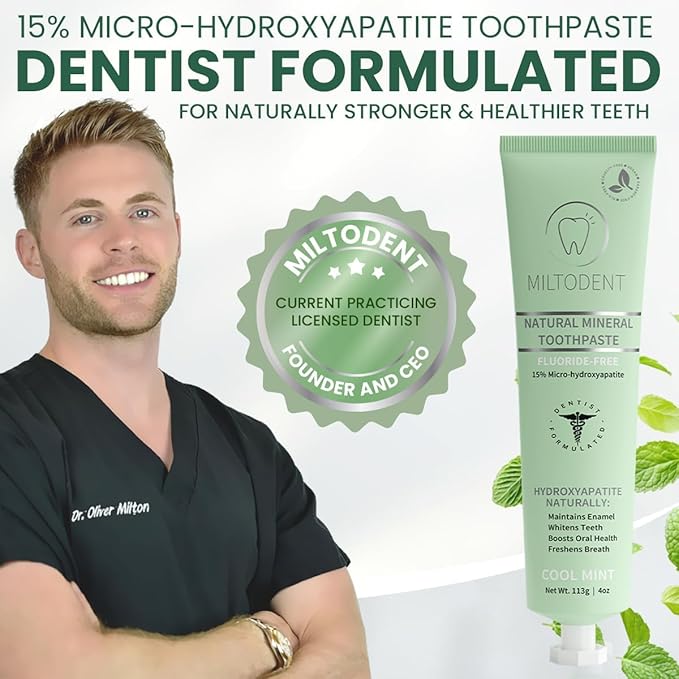 MILTODENT Premium Hydroxyapatite Toothpaste –15% Micro-Hydroxyapatite | Fluoride-Free, Best Taste, Foam-Free, Natural Mineralizing| Safe Alternative to Nano-Hydroxyapatite | SLS-Free & Natural - 2Pack