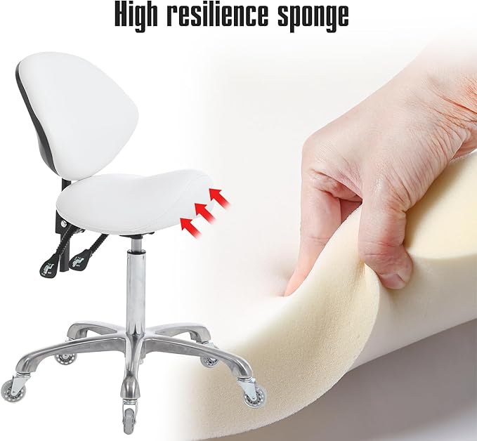 Hydraulic Saddle Rolling Adjustable, Heavy-Duty (350 lbs) Stool Chair for Beauty Salon Massage Dental Clinic Home Office Use(White, Updated to Soft Wheels)