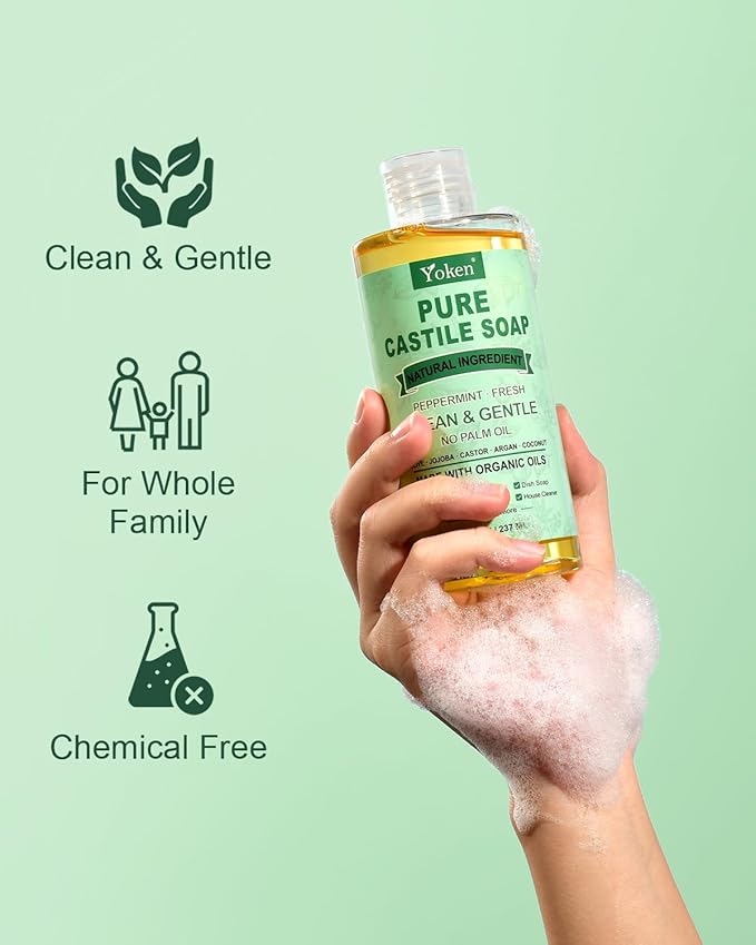 Peppermint Castile Soap Liquid 8 OZ, Made with Certified Organic Oils, Gentle Peppermint Soap for Body Wash, Face, Hands, Dishes, Laundry & More - Vegan & Natural Ingredients Versatile Cleanser