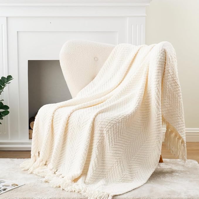 BATTILO HOME Cream Ivory Throw Blanket for Couch, 60"x80" | Textured Knitted Throw Blanket with Tassels, Couch Cover Blanket Warm Decorative White Throw Blankets for Sofa Living Room