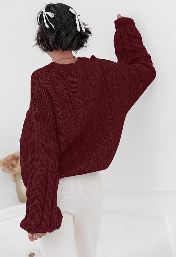 PRETTYGARDEN Womens Sweaters Spring 2026 Cable Knit Long Sleeve Crewneck Oversized Sweater Chunky Pullover Loose Outfits
