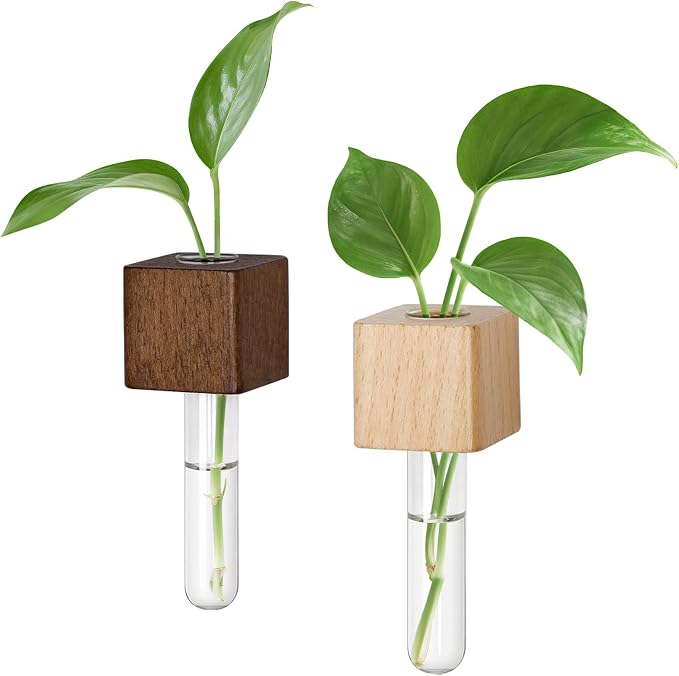 Magnetic Test Tube Flower Vases for Refrigerator, Set of 2 | Wooden magnetic vases in light and dark finishes for fresh cuttings and plant propagation. Plant not included. ﻿