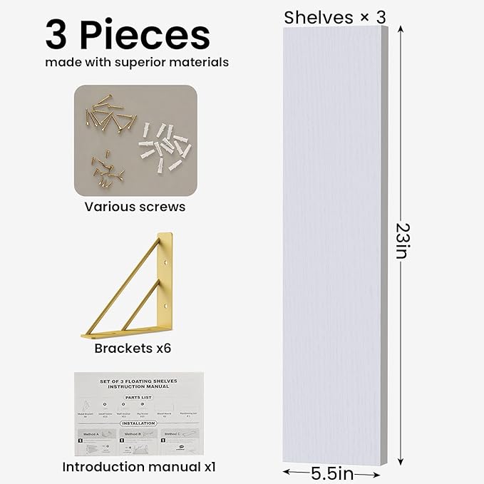 BAYKA Wall Shelves for Bedroom Decor, Floating Shelves for Living Room Kitchen Storage, Wall Mounted Rustic Wood Shelves for Kids Books,Corner Shelves for Bathroom(White and Gold，23in，Set of 3)