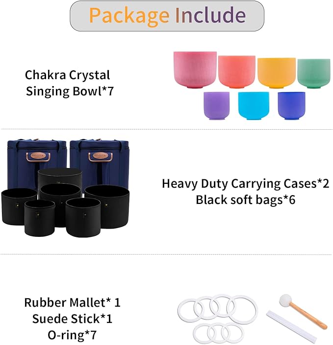 SOLSHINE Set of 7 Colored Crystal Singing Bowl 6''-12'' For Meditation Sound Healing with 2 Travel Carry Case Bag and Singing Bowl Resonance Striker