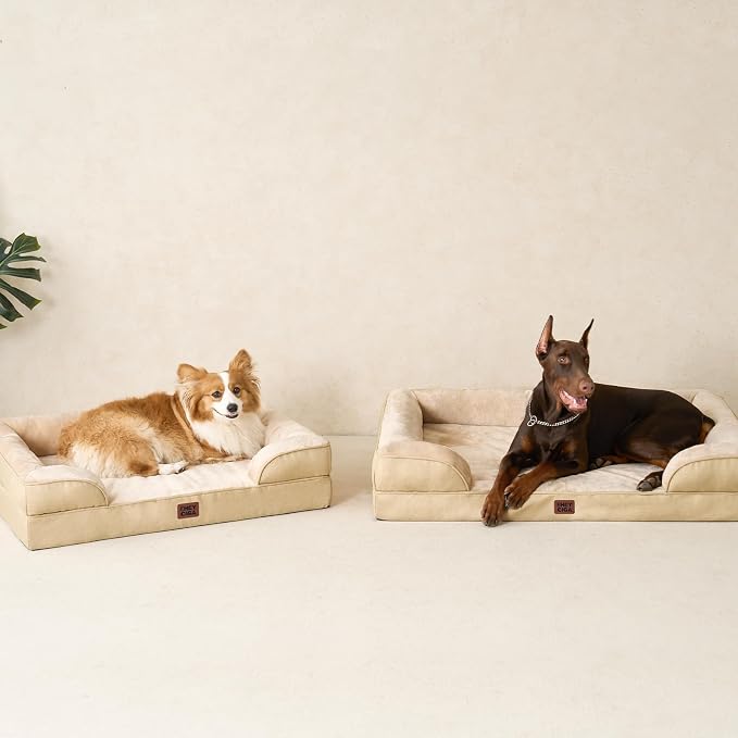 EHEYCIGA Orthopedic Extra Large Dog Bed, Waterproof Washable XL Pet Bed 44" | Non-Slip Bottom and Egg-Crate Memory Foam Big Dog Couch Bed with Washable Removable Cover, Greige, 44Inch