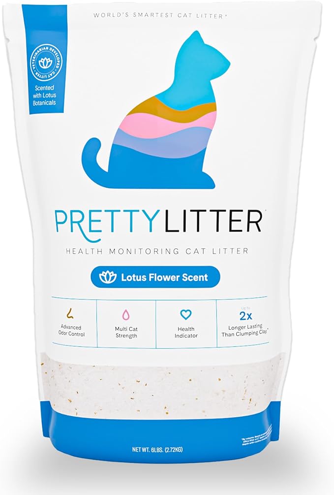 PrettyLitter Health Monitoring Cat Litter, Lotus Flower, 6 lb. Bag | Up to 1 Month Supply, Non-Clumping, Advanced Odor Control, Automatic Litter Box Compatible, Color Changing Silica Crystals