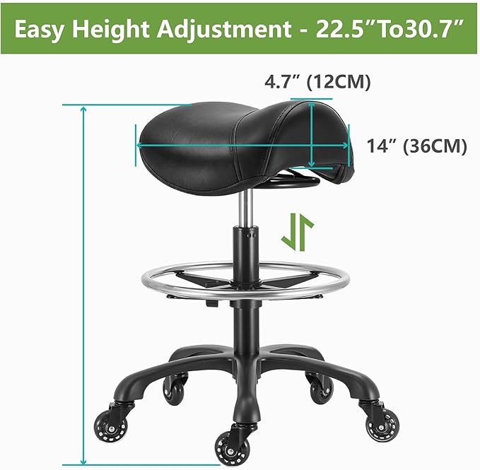 Saddle Salon Stool with Footrest,Heavy Duty, Adjustable Height, Rolling Esthetician Chair for Tattoo Spa Medical Dentist Clinic (Black)