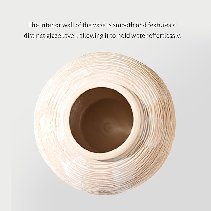 Rustic Ceramic Vintage Farmhouse Vase for Decor (Small Ribbed Whitewash) | 6'' Boho Textured Vase for Home Decor, Round Clay Terracotta Bowl vase for Living Room, Table, Shelf, Centerpieces
