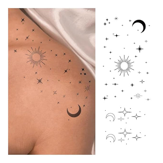 Celestial Temporary Tattoos – Realistic & Long-Lasting Sun Moon Star Minimal Fake Tattoos, Waterproof Semi-Permanent Body Stickers for Shoulder, Neck, Collarbone