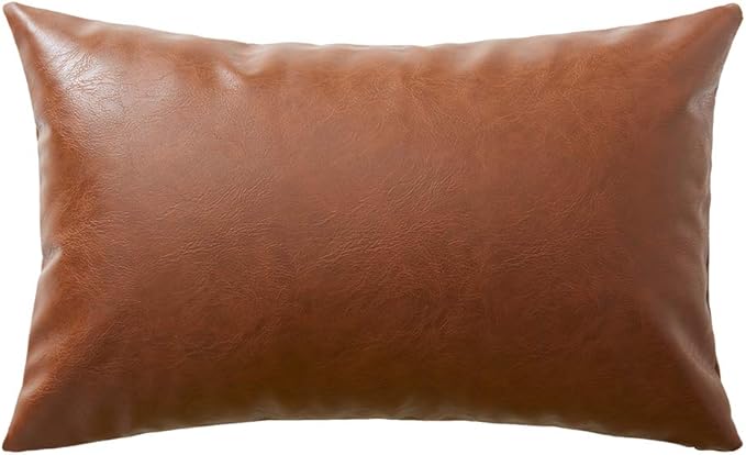 Fancy Homi Brown Boho Lumbar Faux Leather Decorative Throw Pillow Covers 12x24 Inch for Living Room Couch Bed Sofa, Solid Rectangle Cushion Case 30x60 cm, Rustic Modern Farmhouse Home Decor
