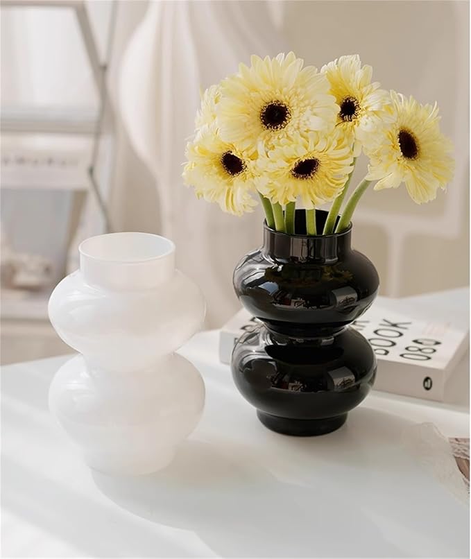 JSPYFITS Glass Hydroponic Flower Vase, Double Balls Colored Glasses Bubble Vases for Flower, 7 Inches Glass Funky Vase for Home/Office/Weddings/Party Table Décor (White)