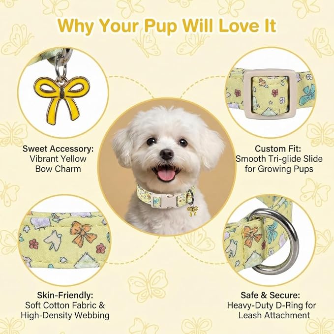 Cute Dog Collar with Yellow Bow Pattern, Girl Dog Collar for Small Dogs, Adjustable Spring/Summer Puppy Collar Made of Soft Fabric and Quick Release Buckle, S