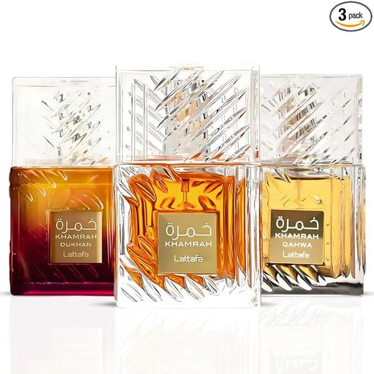 Lattafa Khamrah, Khamrah Qahwa & Khamrah Dukhan Eau De Parfum Sprays 100ML (3.4 OZ) – Unisex Long Lasting Fragrance – 3 Pack Gift Set – Premium Middle Eastern Perfume