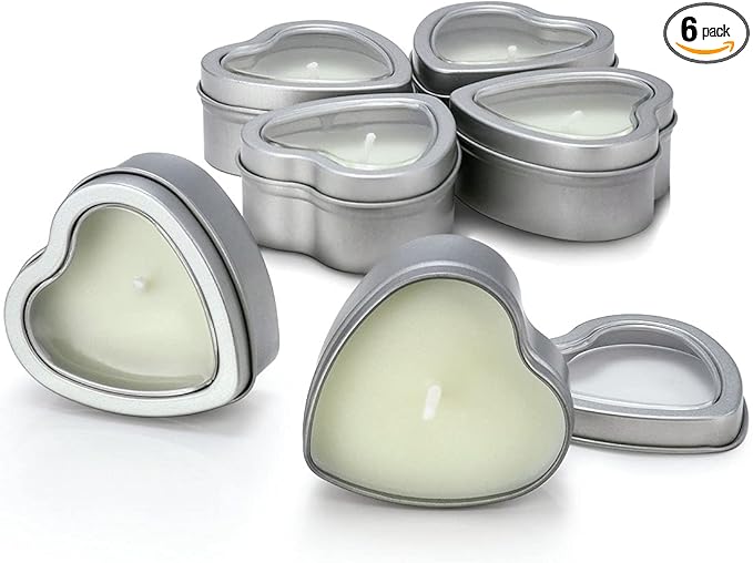 DEYBBY Jasmine Scented Soywax Tealight Candles, White Heart Shaped Aromatherapy Candles Gifts Tins for Women, Mother, Wife, Lover (Pack of 6)