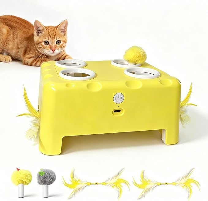 Cheese Box Interactive Cat Toy for Indoor Cats, 3-in-1 Whack a Mole Feather Toy, 3 Modes Rechargeable Auto Cat Toys for Bored Cats, 4 Holes Kitten Toy, 4 Accessories