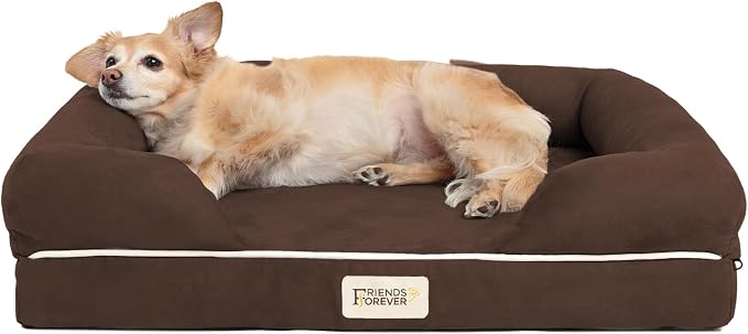 Friends Forever Orthopedic Dog Bed, Memory Foam Pet Sofa, Calming Dog Couch, Water Resistant Pet Bed, Washable Cover, Non-Slip Bottom, Chester, Cocoa Brown, 25" x 20" x 5.5"