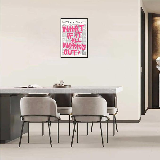 Drimiler Retro Newspaper Pink Font Poster What If It All Works Out Canvas Wall Art Positive Affirming Quote Minimalist Prints Painting For Home Bedroom Dorm Wall Decor 16x24in Framed