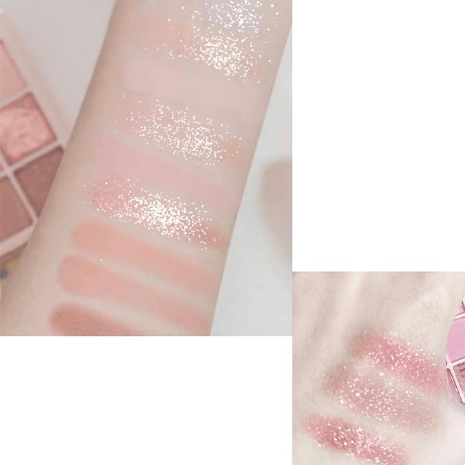 9 Colors Glitter Shimmer Eyeshadow Makeup Palette, Korean Natural Eye Shadow Palettes Highly Pigmented Long Lasting Waterproof Blendable sombras para ojos Pink Golden Brown Women Girls Eye Shadow