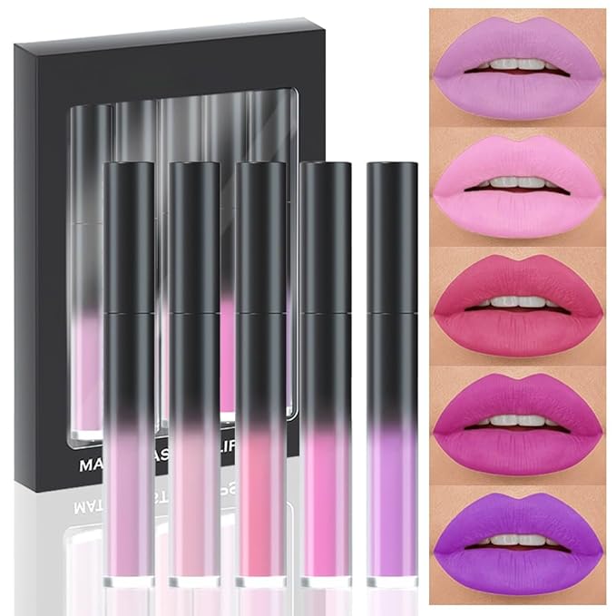evpct 5Pcs Lavender Baby Pink Rose red Violet Plum purple Matte Liquid Lipstick Lip Stain Sets for Women Matte+Lipstick Long Lasting 24 hr Hours Magic Lipstick 24 Hours original Waterproof Set01