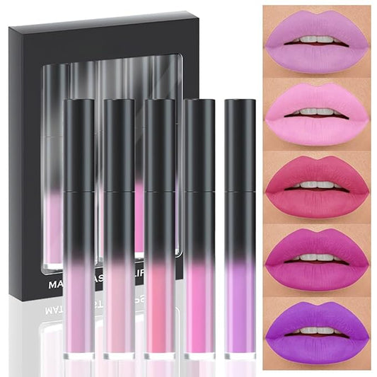 evpct 5Pcs Lavender Baby Pink Rose red Violet Plum purple Matte Liquid Lipstick Lip Stain Sets for Women Matte+Lipstick Long Lasting 24 hr Hours Magic Lipstick 24 Hours original Waterproof Set01