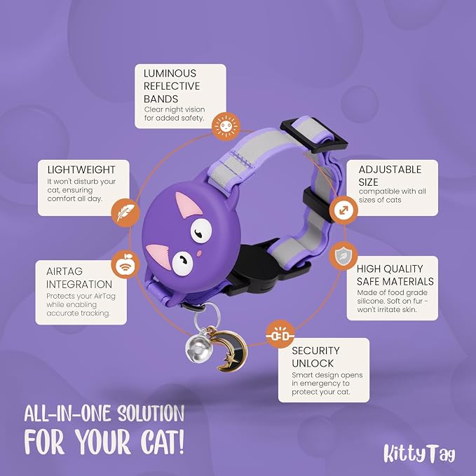 AirTag Cat Collar – Breakaway Reflective & Waterproof Collar with Built-in Holder, Adjustable with Bell for Indoor/Outdoor Cats – AirTag Not Included, Purple (9-12")