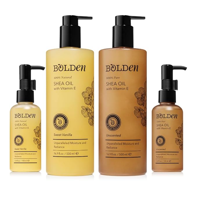 BOLDEN Sweet Vanilla Shea Body Oil with Vitamin E | Stretch Mark Pregnancy Care | 100% Natural Moisture Shea Oil | Lightweight After Shower Body Oil |16.9 Fl Oz