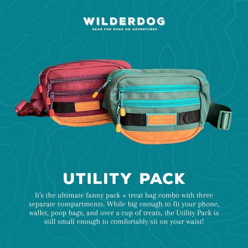 Wilderdog Utility Fanny Pack stores Treats, Balls, Keys in 3 Pockets with adjustable strap and Poop Bag dispenser (Huckleberry)