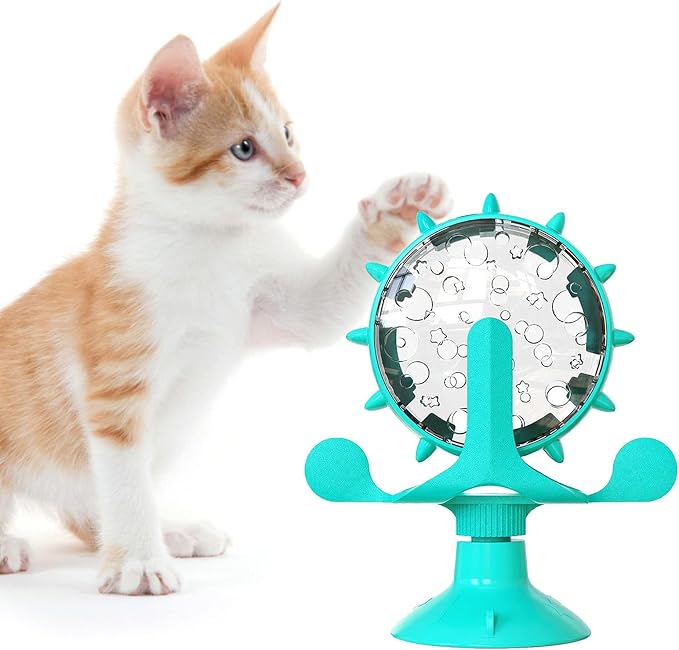 Interactive Cat Food Treats Dispenser Toy for Indoor Cats, 360° Rotating Windmill Suction Cup Toys for Small Pet, Puzzle Original Slow Dog Feeder Snack Distribution & Exercise Wheel Toy (Lake Blue)