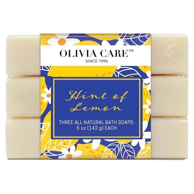 Olivia Care Lemon Bar Soap 3 Pack Natural, Organic - Infused with Citrus Lemon Essential Oil - Clean Energize Mind Body - Moisturize, Hydrate - Makes Skin Soft & Silky - 3 X 5 OZ