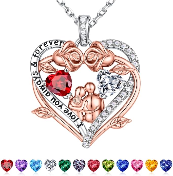 Iefil Valentines Gifts for Her Wife - 925 Sterling Silver Double Heart Birthstone Necklace, Anniversary Birthday Gifts for Women Wife Girlfriend