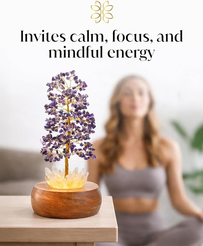 Amethyst Crystal Tree of Life with LED Light – Handcrafted Gemstone Bonsai on Quartz Base & Acacia Wood Stand – Spiritual Home & Office Décor, Feng Shui, Thoughtful Gift for Women