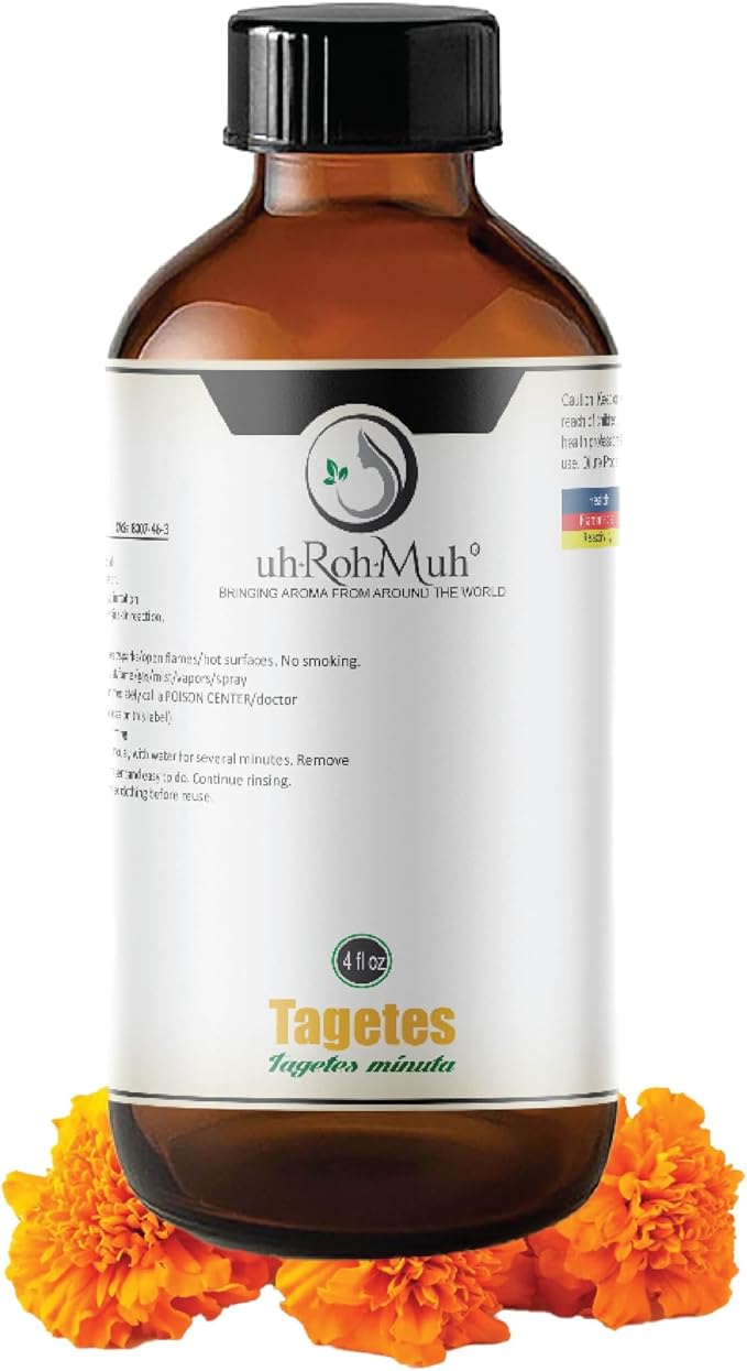 Tagetes Essential Oil – 100% Pure Steam Distilled from Tagetes minuta Flowers | Sweet, Citrusy Aromatherapy Oil for Relaxation & Massage | Top Note | Natural & Undiluted | India | 4 Fl Oz