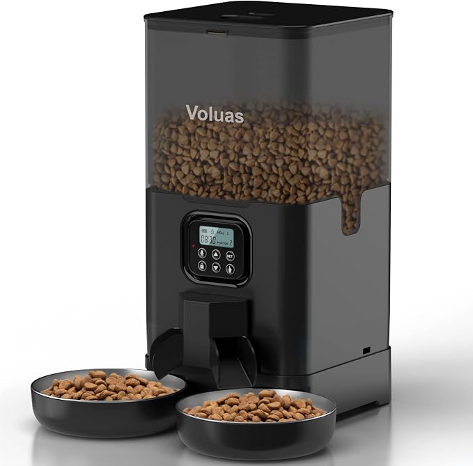 VOLUAS Automatic Cat Feeder for Two Cats with Dual Stainless Bowls, 6L | Programmable Portion Control, Timed Feeding, Memory Function, Dual Stainless Steel Bowls, 10-Second Voice Recorder