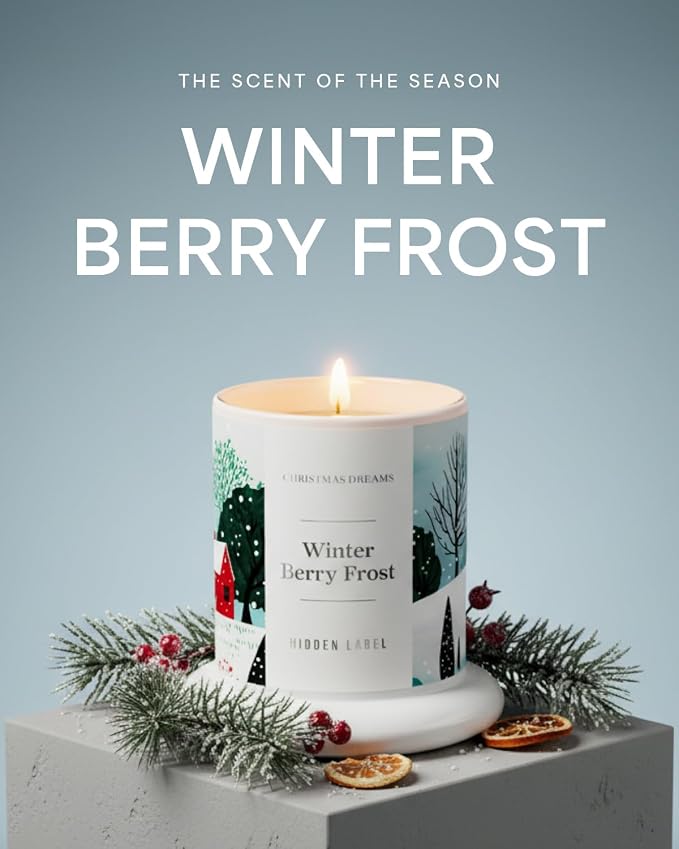 Hidden Label Winter Berry Frost Candle, 10oz Bell Jar, 60H Soy Wax | Non-Toxic Formula | Snow Globe Display Piece | Holiday Gift Ready | Aromatherapy | Clean Burn | Festive Decor