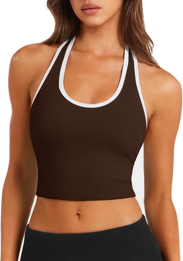 Halter Workout Top for Women: Open Back Sports Bra Color Block Tops with Built in Bra Yoga Gym Crop