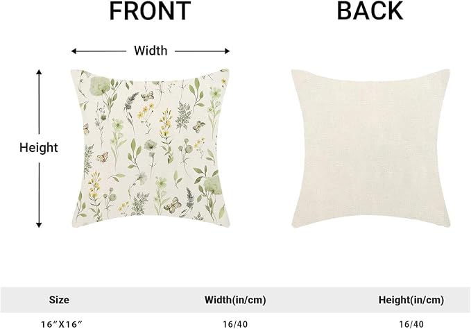 AEIOAE Spring Pillow Covers 16x16 Inch Set of 2, Sage Green Yellow Wild Flower Throw Pillows Case,Colorful Seasonal Floral Plant Outdoor Decorative Farmhouse Decor Cushion Covers for Sofa Bed Couch