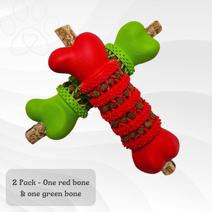 Durable Interactive Dog Bone Toys 2-Pack (6.5”) for Medium & Large Dogs – Treat Dispensing Chew Bones with Teeth Cleaning & Puzzle Design (Green & Red)