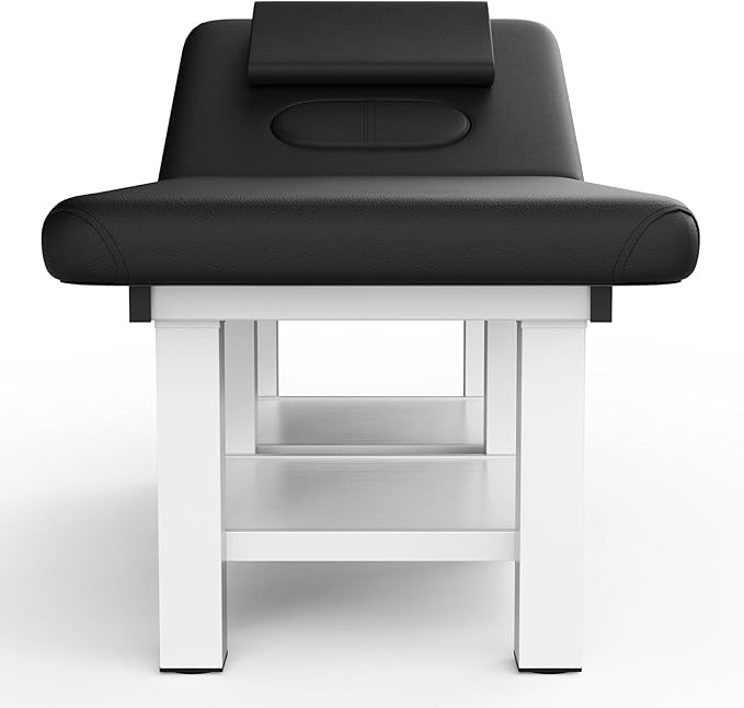 Black Wide Stationary Massage Table with Backrest for Treatment Table Physical Therapy Table Spa Facial Bed, Metal Frame PU Leather 31.5'' Wide 75'' Long Heavy Duty Professional Stationary Massage Bed