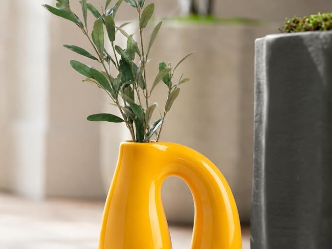 Yellow Ceramic Vase for Pampas, Boho Shelf & Table Decor | Holds Dried Stems and Faux Florals - Sculptural Accent for Mantel, Console and Entryway