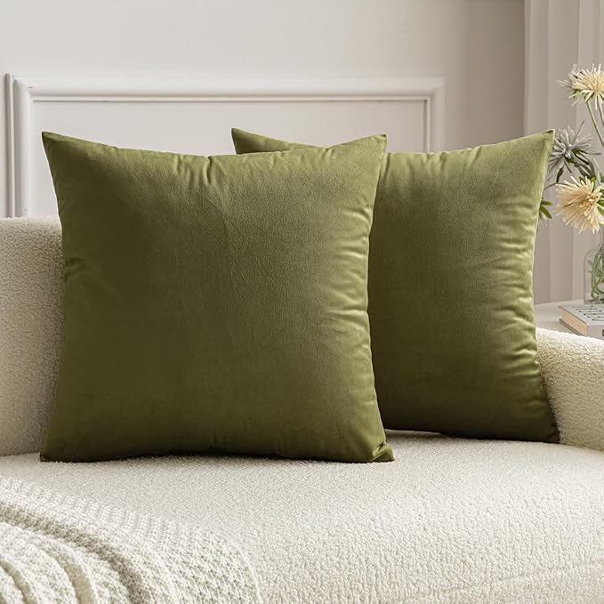 MIULEE Velvet Throw Pillow Covers 16x16 Inch Pack of 2 Light Olive Green | Soft Solid Small Decorative Pillow Covers, Modern Luxury Home Decor, for Couch Chair Sofa Bedroom Livingroom Car