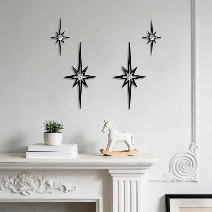 sxnzequnze 4 Pcs Star Wall Art for Home Decor Living Room Bedroom Office Metal 3D,Bling,with Hanging Hook Starburst Midcentury Sculpture Retro Gallery Accent Celestial -Black 16.5in/9.4in
