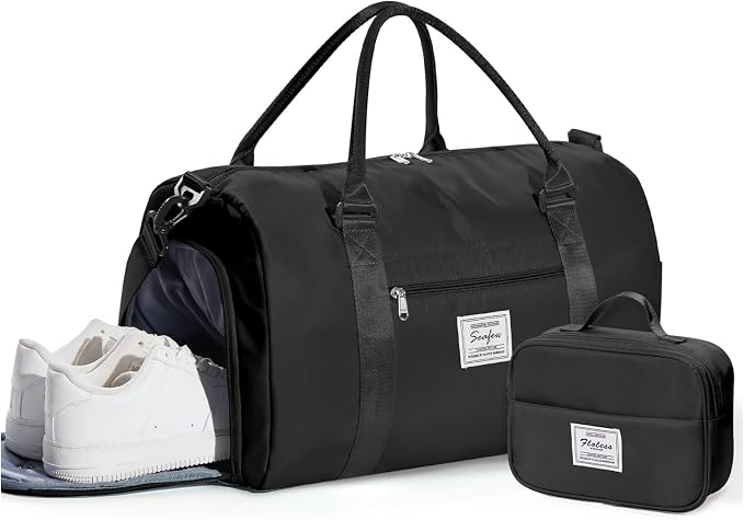 Gym Bag Womens Mens with Shoes Compartment and Wet Pocket Travel Duffel Bag for Women for Plane Sport Gym Tote Bags with Toiletry Bag Waterproof Weekend Overnight Carry on Bag Hospital Holdalls