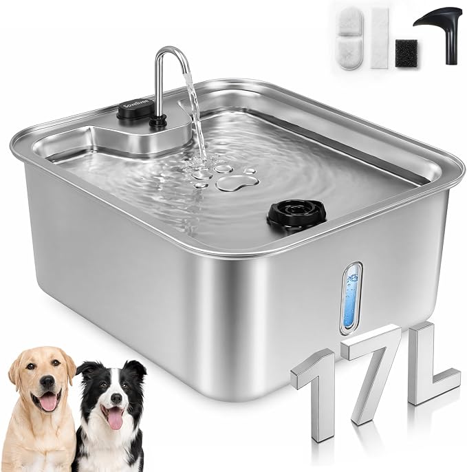 4.5Gal/17L Pet Water Fountain, Stainless Steel Dog Water Bowl Dispenser with Visible Window & Wide Drinking Area, Large Capacity Dog Fountain for Multi-Pet Home