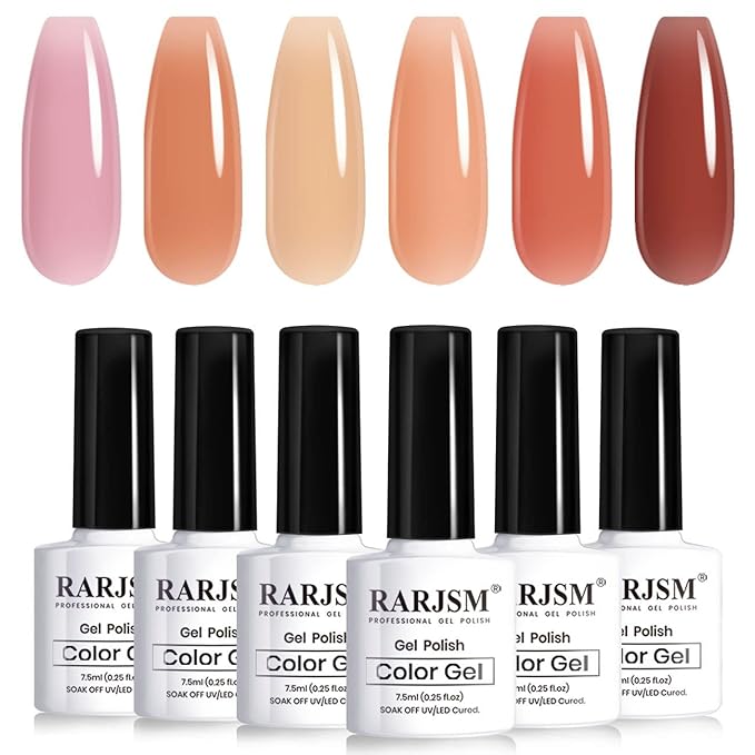RARJSM Nude Gel Polish Set Pinky Purple Jelly Gel Nail Polish of 6 Transparent Colors Clear Apricot Orange Sheer Brown Coffee Summer Autumn LED UV Soak Off French Manicure Curing Requires 7.5ml