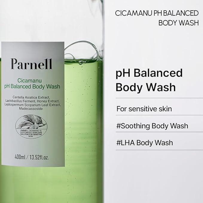 Parnell Cicamanu pH Balanced Body Wash 13.5 Fl Oz | Salicylic Acid LHA Cica HA Ceramide | Mild Soothing Cleanser for Back Acne Bacne & Sensitive Troubled Skin