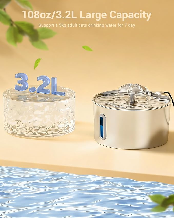 Stainless Steel Cat Water Fountain - 108oz/3.2l Metal Pet Water Bowl Dispenser with Quiet Pump - Automatic Water Fountains for Dog/Cats Drinking - Pets Waterer Indoor with Replacement Filters