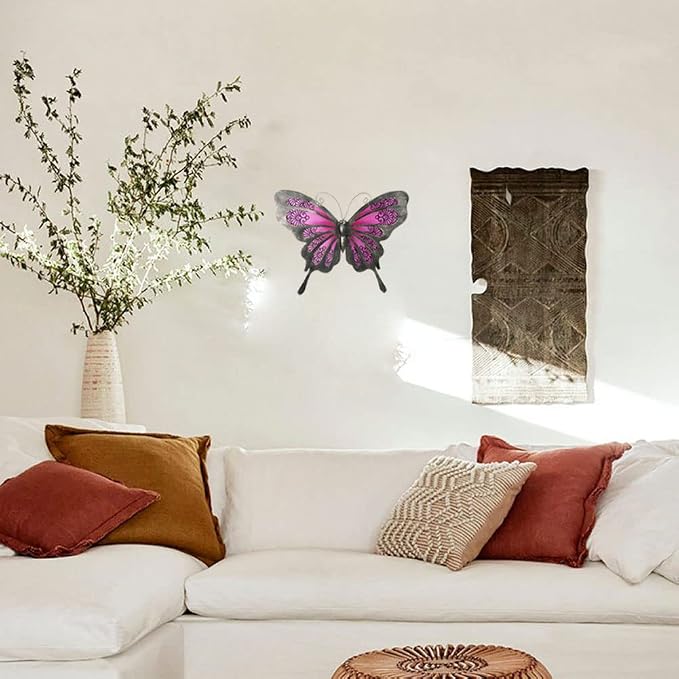 LIFFY Metal Butterfly Wall Decor, 12" Glass Butterfly Wall Art for Outdoor, Hanging Garden Decorations for Yard Fence Patio