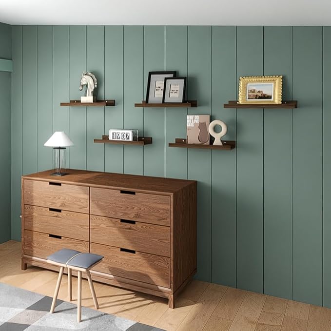 RICHER HOUSE 5-Set Floating Shelves with Lip, Walnut Wall Mounted Shelf | Display Picture Ledge Shelf, Anti-drop lip Shelf for Room Wall Decor, Bedroom Bathroom Storage Nursery Books, Easy Setup 16in
