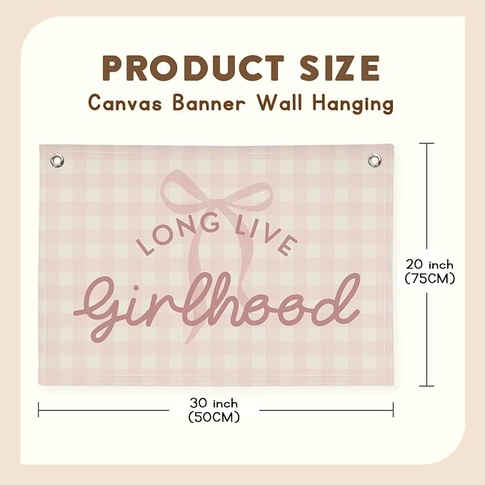 Pink Cute Room Decor Long Live Girlhood Banner, Coquette Bow Girls Room Decor for Nursery Playroom Wall Hanging Linen Flag,Baby Girls Bedroom Decorations,Baby Showers Newborn Gift 30x20 girlroom