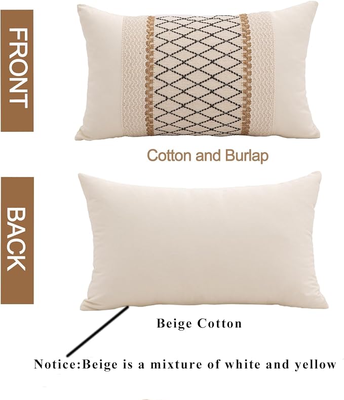 Lumbar Throw Pillow Covers Set of 1 (Beige & Black, 12x20 Inch) | Linen Cotton Soft Cozy, Decorative Sofa Couch Pillow Cases, Textured Woven Single Striped, Boho Sytle for Living Room